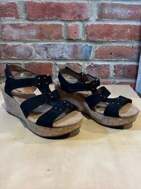Clarks Annadel Pearl Black Nubuck Leather Wedge Sandals